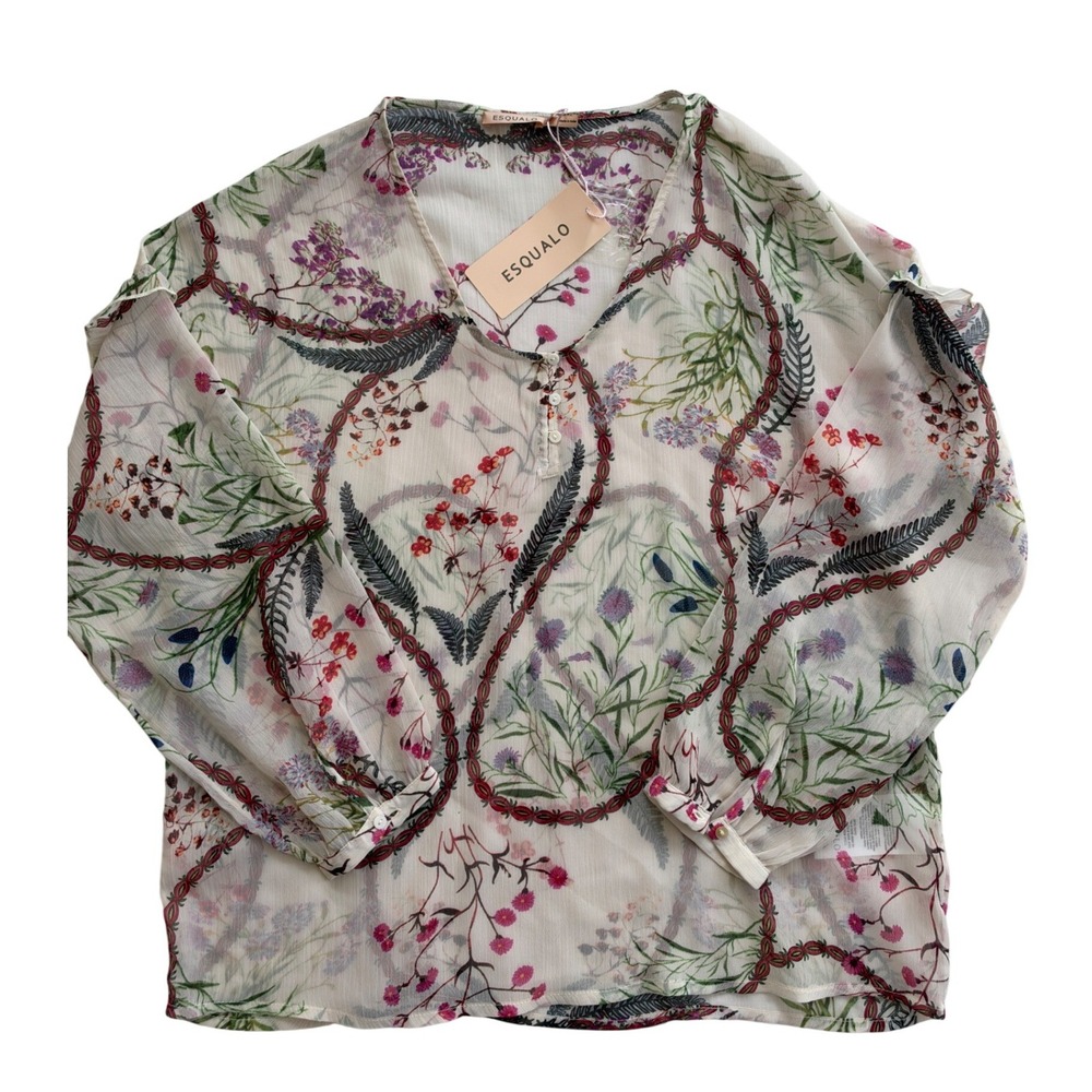 Esqualo Floral Ruffle Blouse Women Size 8 White Multi NWT Boho Chiffon Top